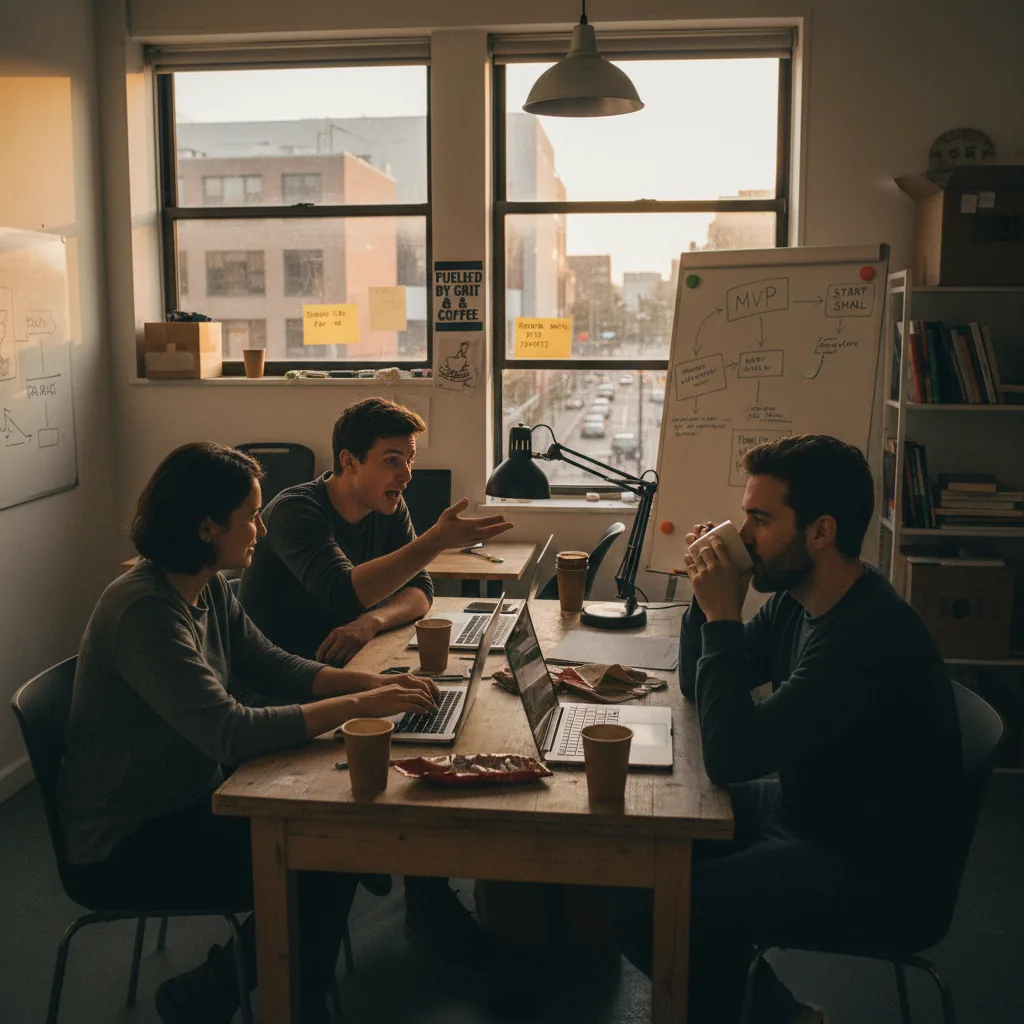 Three founders working around a table with laptops